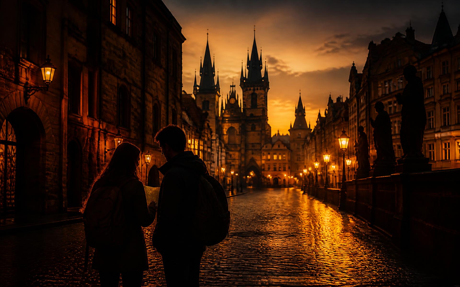 Travelers with a map exploring a European old-town street at golden-hour dusk